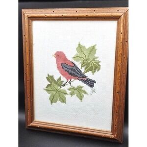 Framed Art Embroidery, Needlepoint Scarlet Red Bird, Handmade Rustic Wall Art